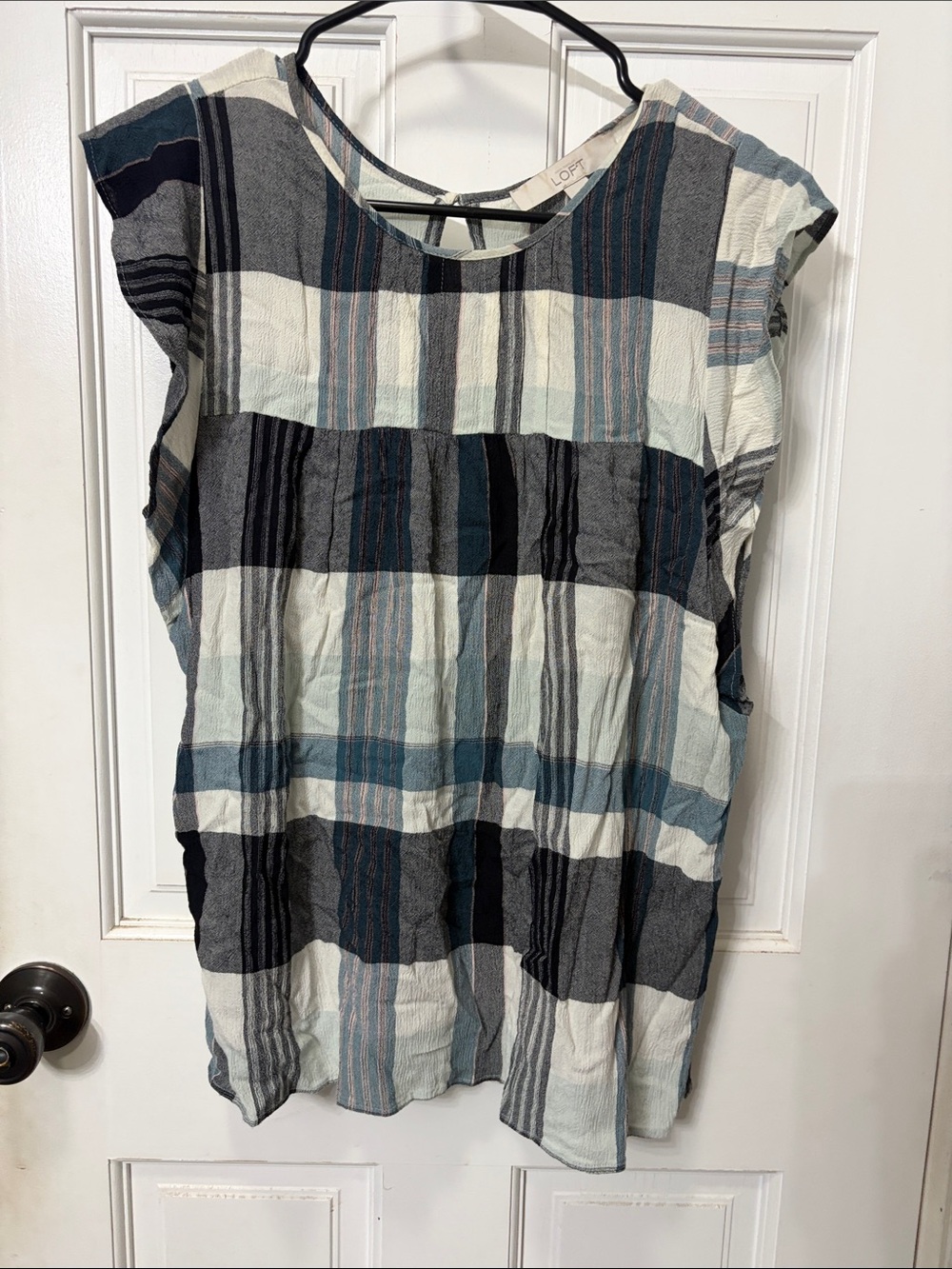 LOFT Blue, White & Charcoal Plaid Cap-Sleeve Tunic